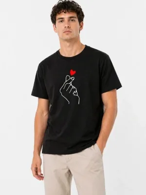 Murš Črno Oversize Korejski Stil Prst Srce Print Majica