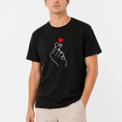 Murš Črno Oversize Korejski Stil Prst Srce Print Majica 1