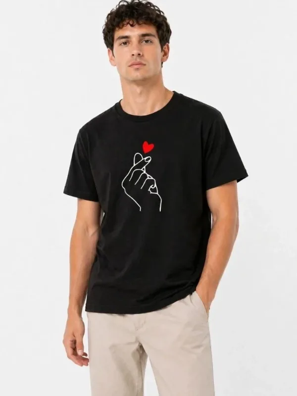 Murš Črno Oversize Korejski Stil Prst Srce Print Majica 1