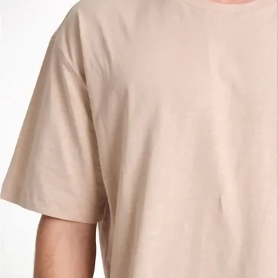 Pánské béžové oversized tričko, cyklistický límec, hladké, krátký rukáv 3