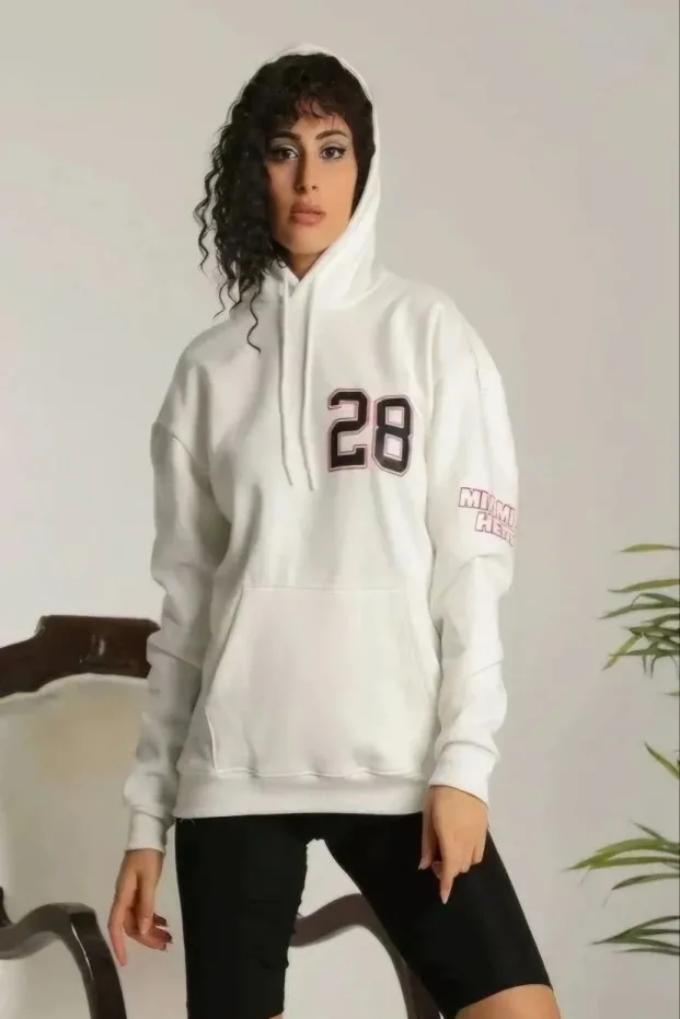 Gratë e bardha oversize me kapuç të printuar 3 fije pambuku Sweatshirt 2