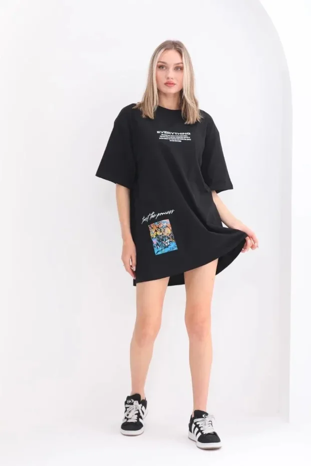Femeie Neagră Oversize Guler Bicicletă Tricou Imprimat 6