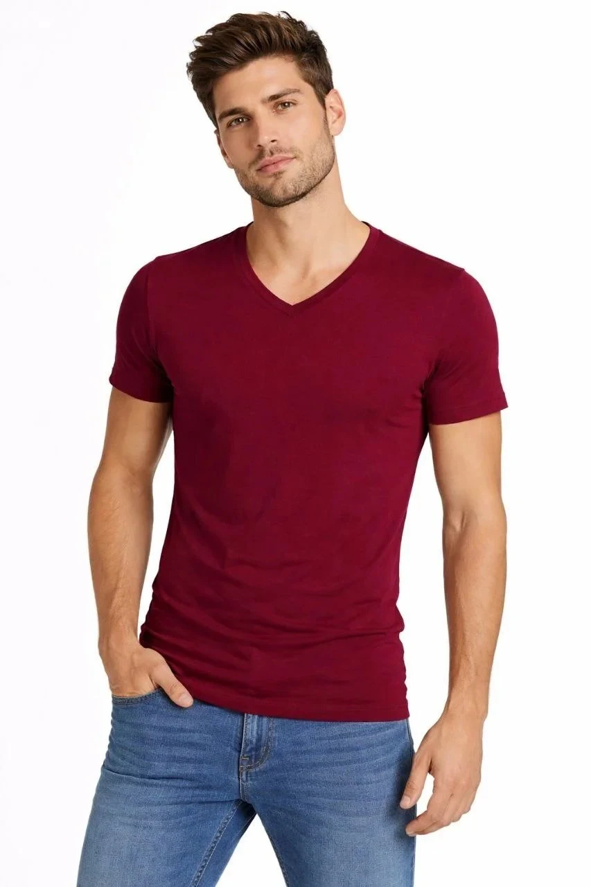 Pánské vínové slim fit tričko s V-výstřihem, strečové, s krátkým rukávem