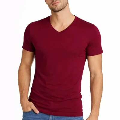 Pánské vínové slim fit tričko s V-výstřihem, strečové, s krátkým rukávem 1