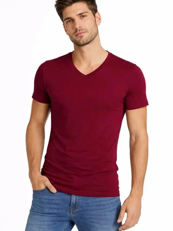 Pánské vínové slim fit tričko s V-výstřihem, strečové, s krátkým rukávem 1