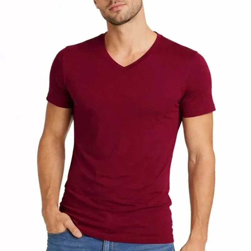 Férfi Bordó Slim Fit Likrás V-nyakú Rövid Ujjú Póló