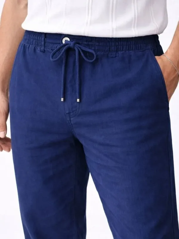 Mursho Indigo Keten Elastik Talia Džepura Fermuar Pantaloni 3