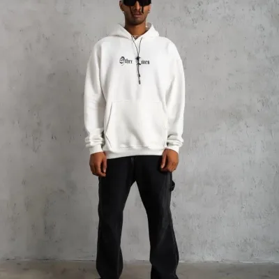 Muški bijeli 3-nitni pamučni kapuljačasti tiskani sweatshirt s klokan džepom 4
