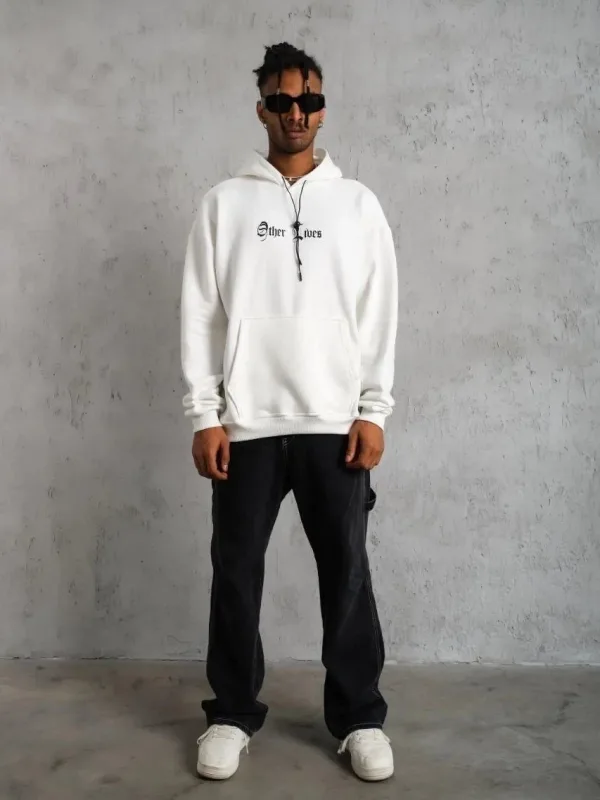 Muški bijeli 3-nitni pamučni kapuljačasti tiskani sweatshirt s klokan džepom 4