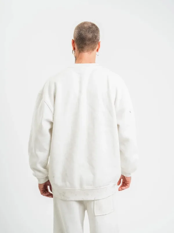 Men's White 3-Thread Cotton Washed Crew Neck Sweatshirt 8