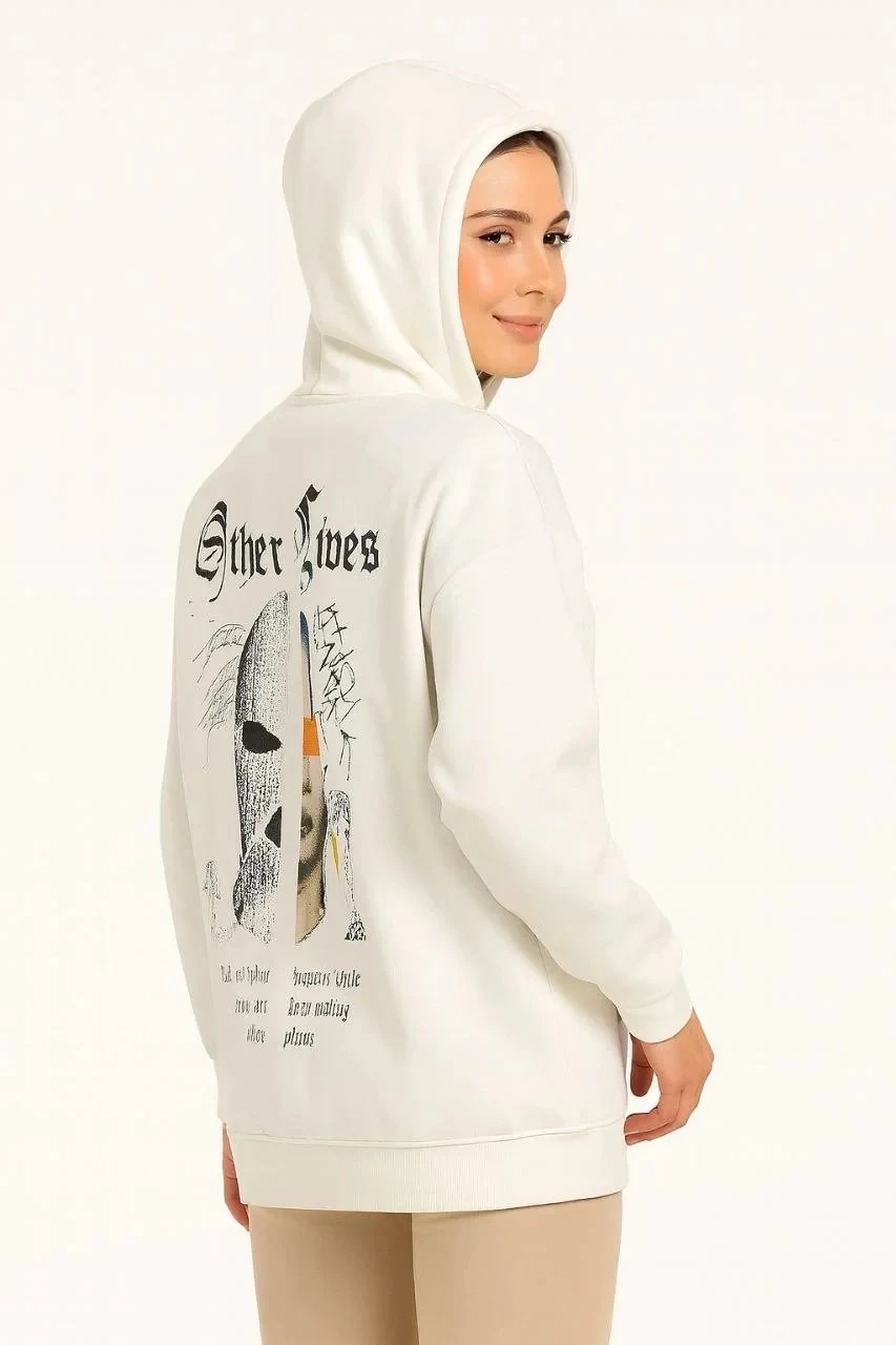 Jin Spî 3 Têl Pembû Kapşonlu Kanguru Bêrîk Çapkirî Sweatshirt