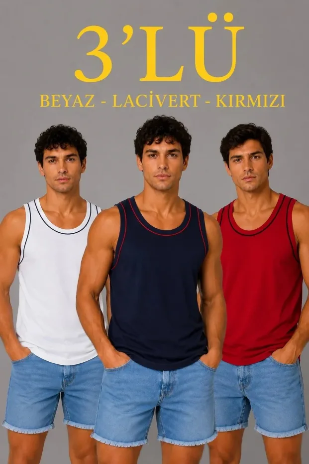 Erkek 3'lü Set Kolsuz Bisiklet Yaka Sporcu Atlet 1