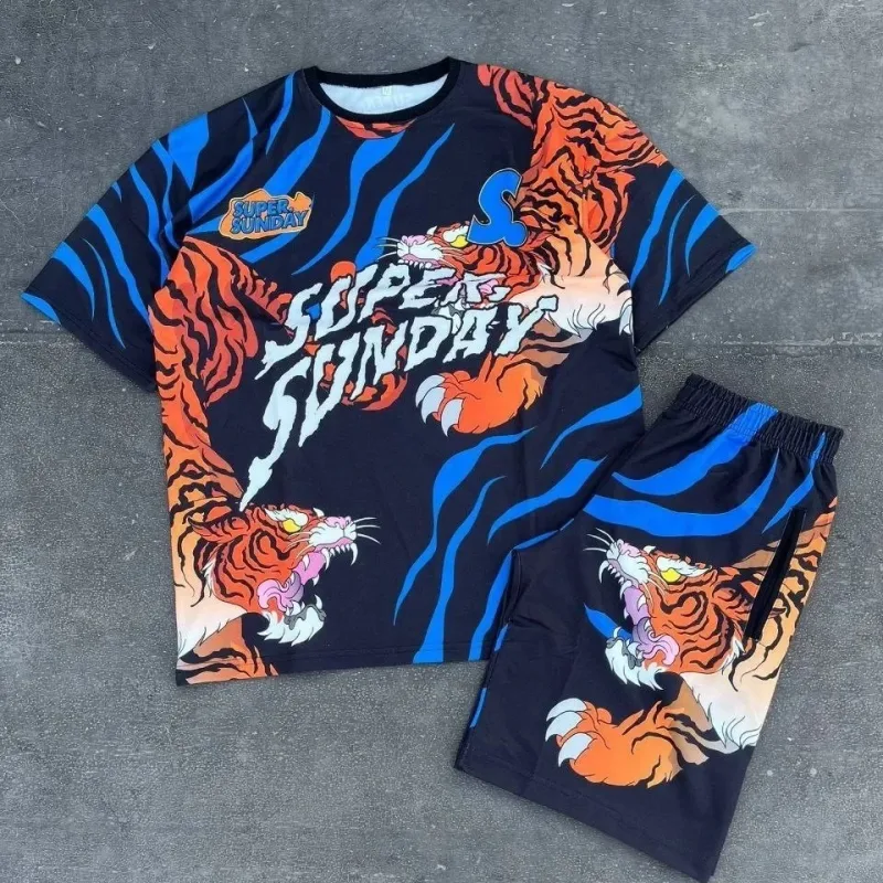 Men's Blue Digital Printed Shorts Short Sleeve Sport Set