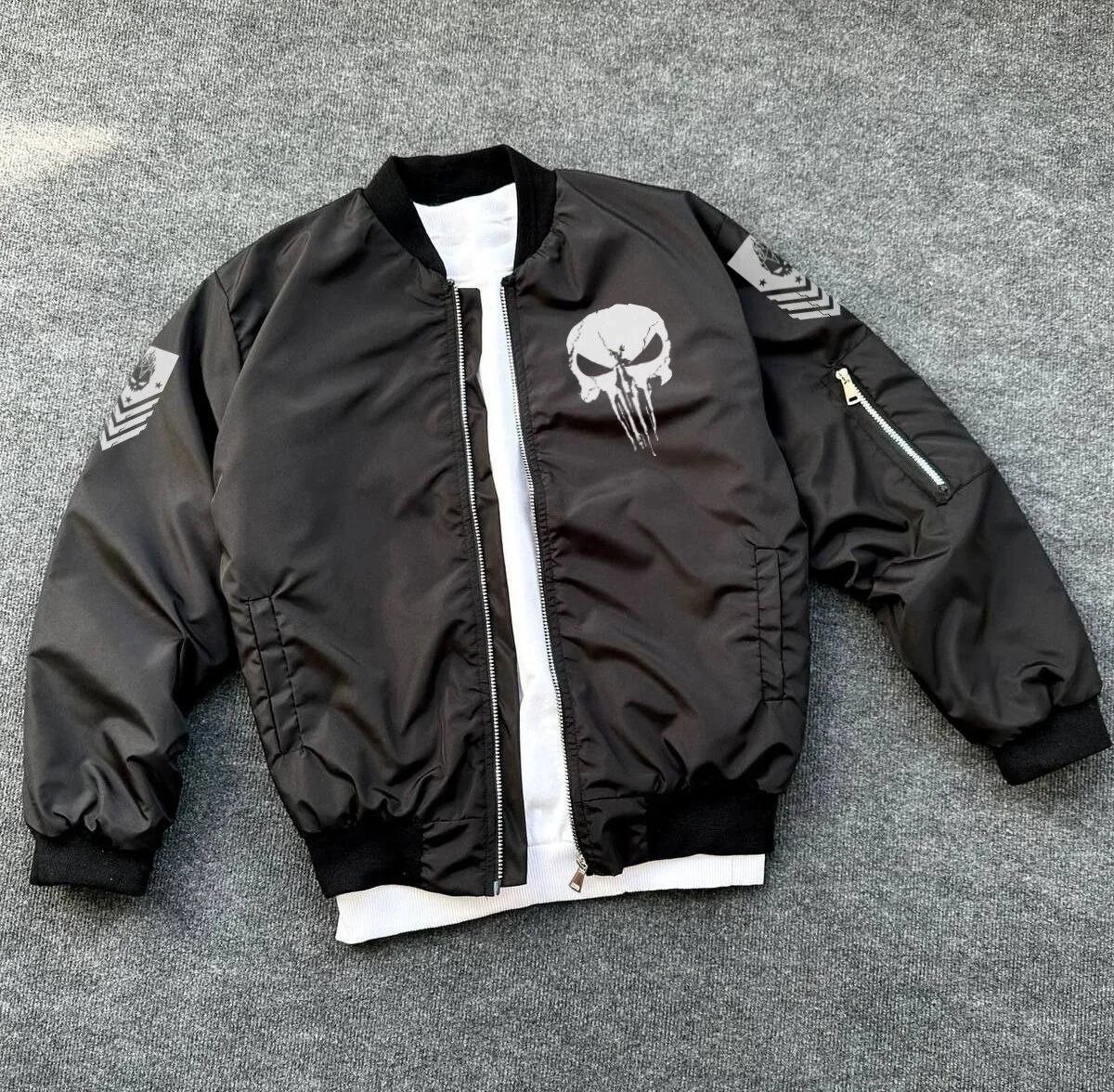 Erkek Siyah Askeri Tarz Punisher Skull Baskılı Bomber Mont