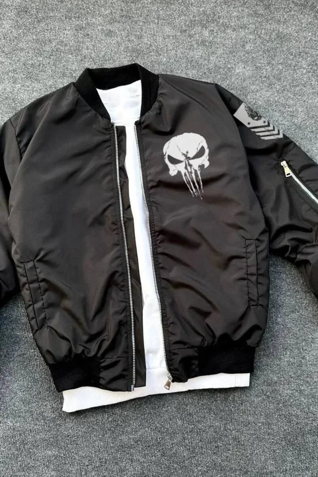 Muška crna vojni stil Punisher skull štampana bomber jakna 1