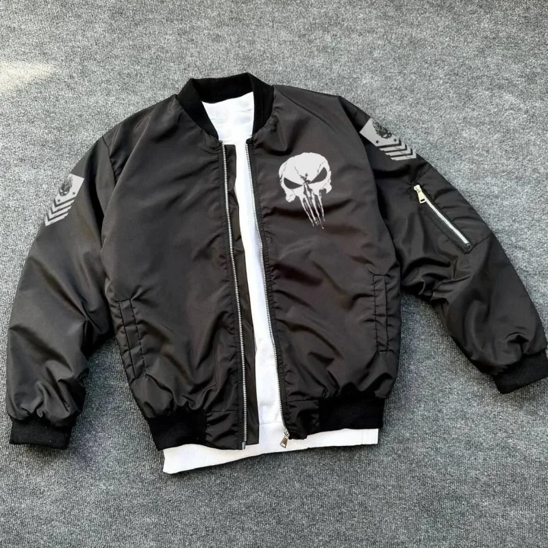 Машки црн воен стил бомбер со Punisher Skull принт