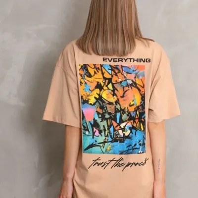 Женски Беж Oversize Бициклета Јака Печатена Кратка Ракав Маица 6