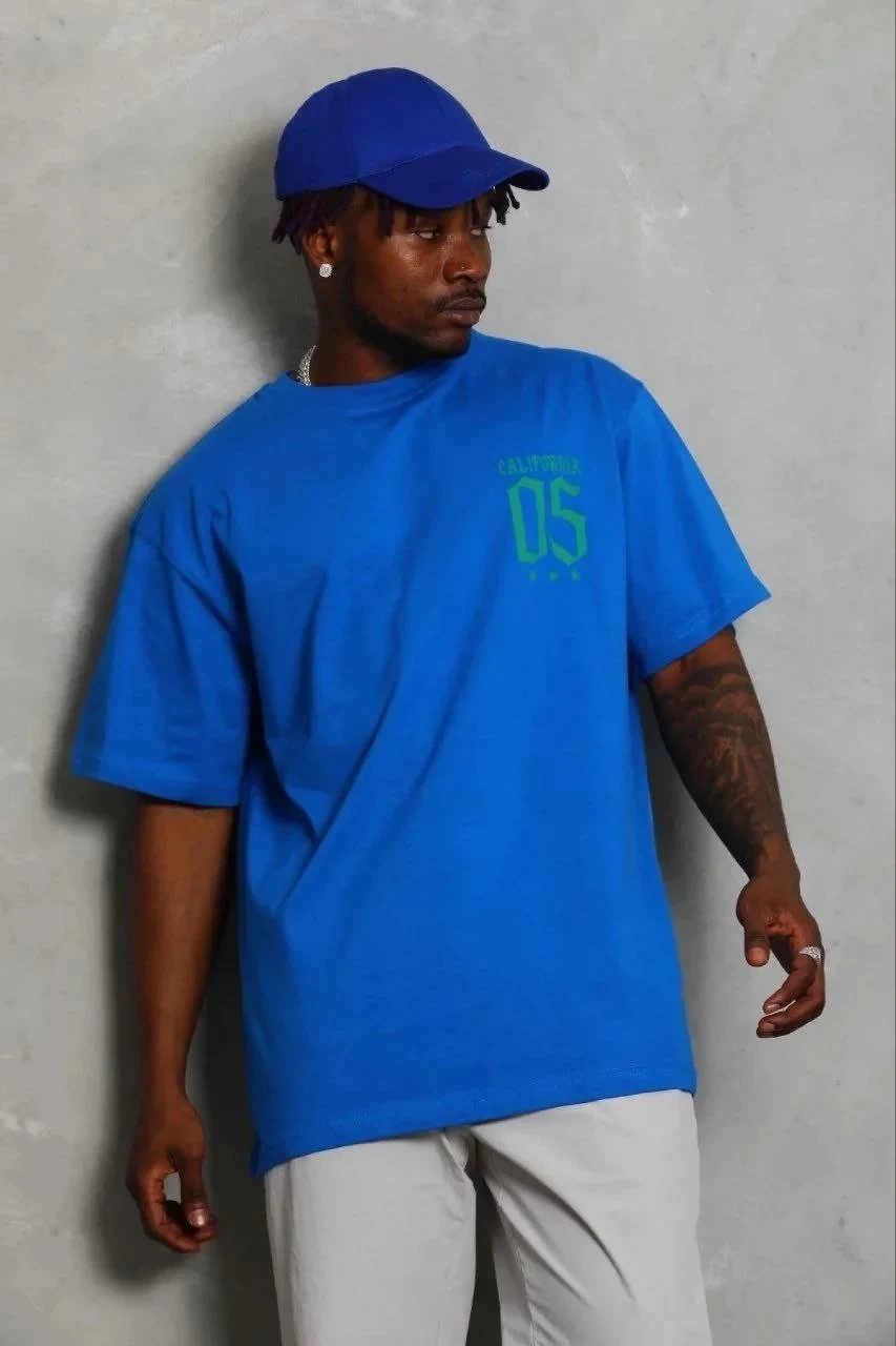 Men's Sax Blue Regular Crew Neck Printed T-Shirt