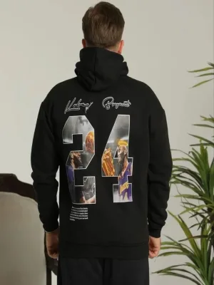 Men's Black Oversize 3-Thread Cotton Printed Hooded Sweatshirt with Pockets