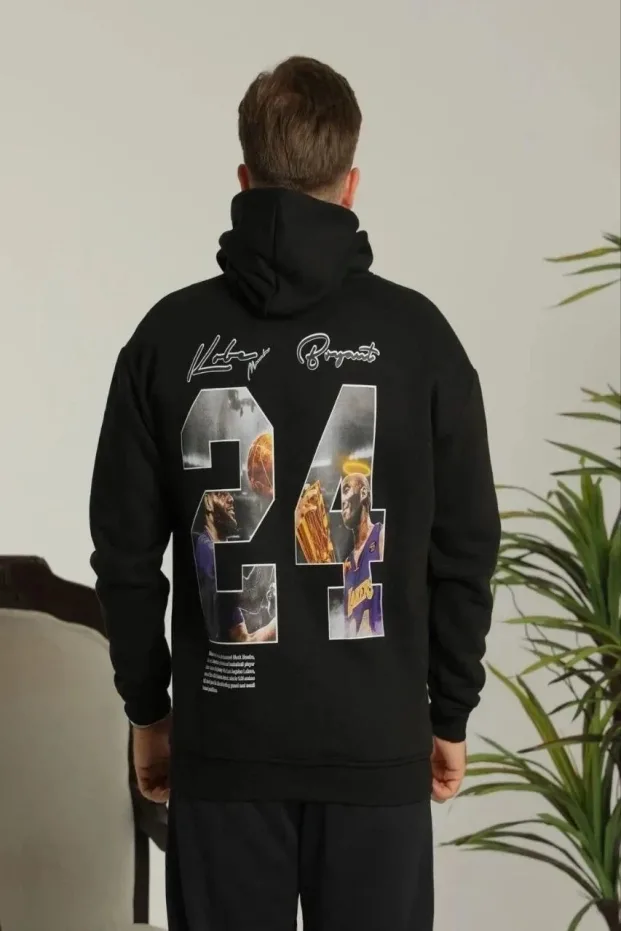 Men's Black Oversize 3-Thread Cotton Printed Hooded Sweatshirt with Pockets 1