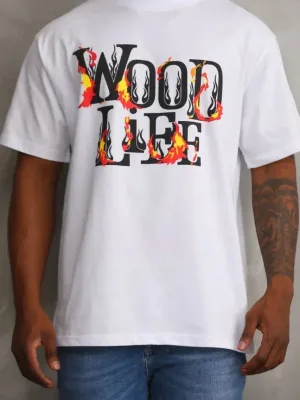 Men's White Relaxed Fit Crew Neck Printed Short Sleeve T-Shirt