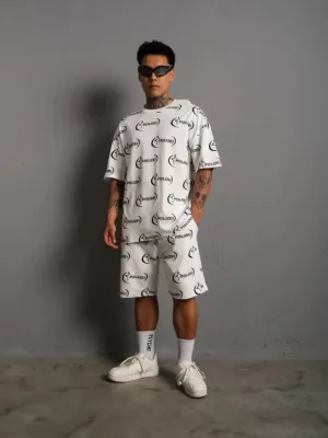Men's White Printed Two-Piece Shorts Sport Set