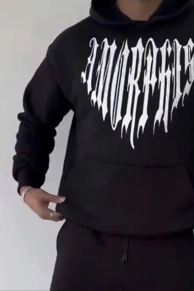 Férfi fekete 3 szálas pamut kapucnis nyomott sweatshirt 1