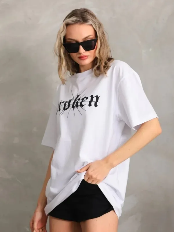 Bluzë e bardhë për femra, oversize, me jakë biçiklete, të printuar 7