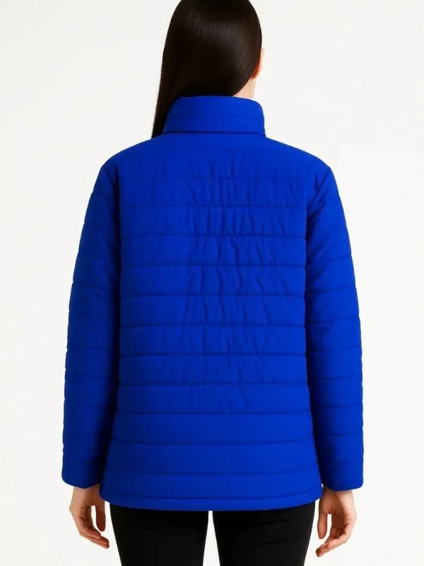 Women's Sax Blue Water-Repellent Quilted Lined Zippered Bomber Jacket 3