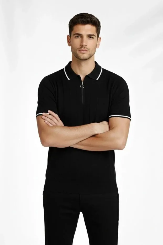 Erkek Siyah 3'lü Set Fermuarlı Polo Yaka Triko Tişört 7