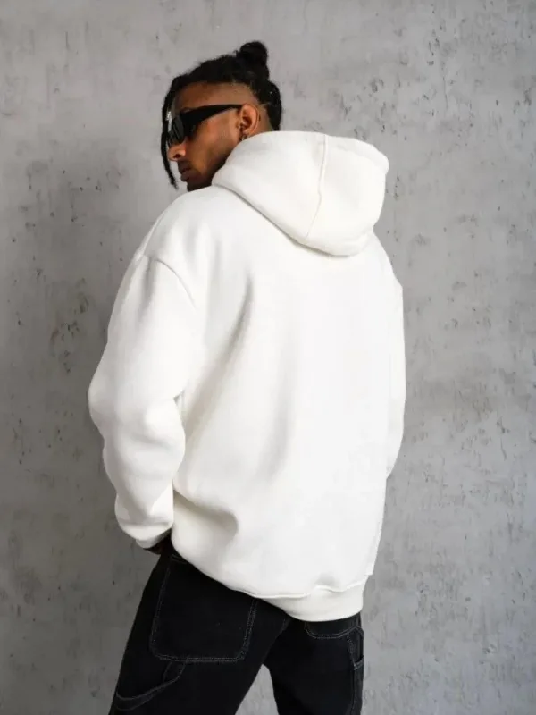 Pánské bílé oversized 3-nitné bavlněné mikiny s kapucí a kapsami 2