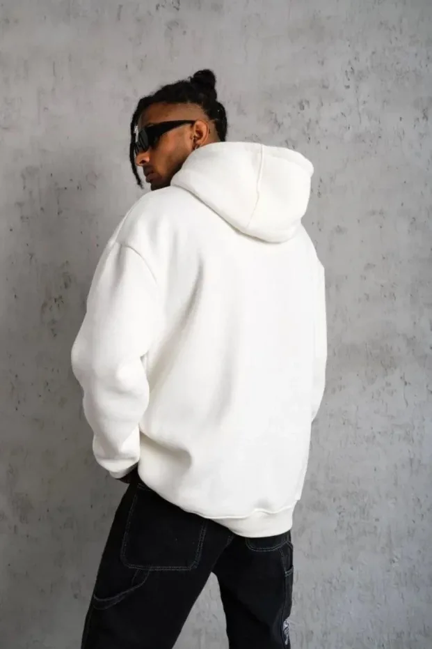 Pánské bílé oversized 3-nitné bavlněné mikiny s kapucí a kapsami 2