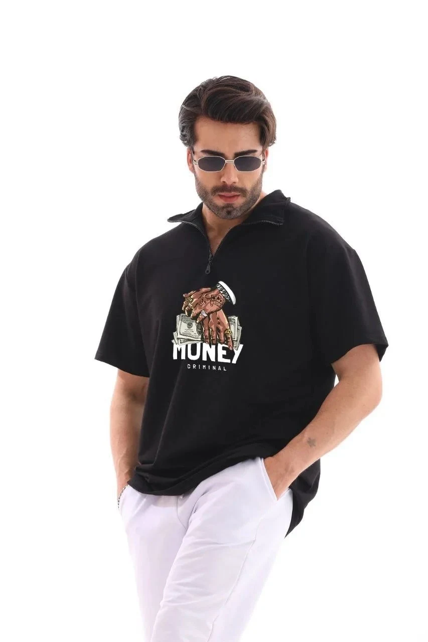 Bluzë për meshkuj e zezë Oversize me gjysmë zinxhir dhe printim