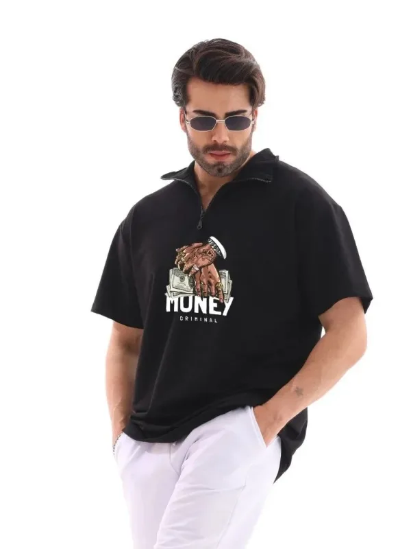 Bluzë për meshkuj e zezë Oversize me gjysmë zinxhir dhe printim 1