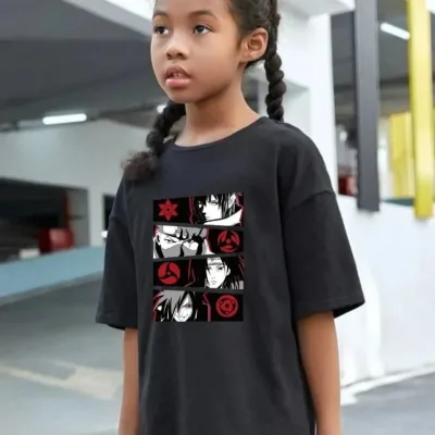 Uşaq Qara Çap Oversize Dairəvi Yaxalı T-shirt 2