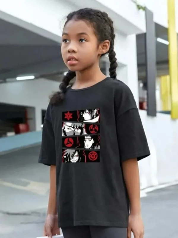 Uşaq Qara Çap Oversize Dairəvi Yaxalı T-shirt 2