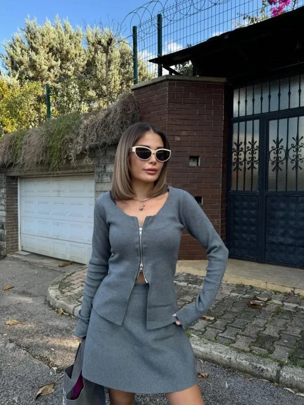 Femeie Fum Fermoar Cardigan Fustă Set Două Piese 3