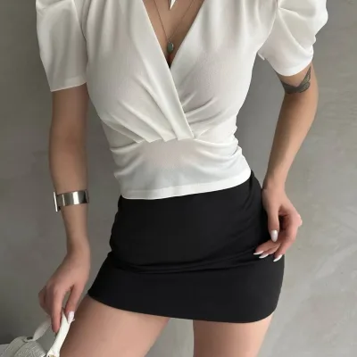 Cross Collar Melon Sleeve Crepe Blouse White 3