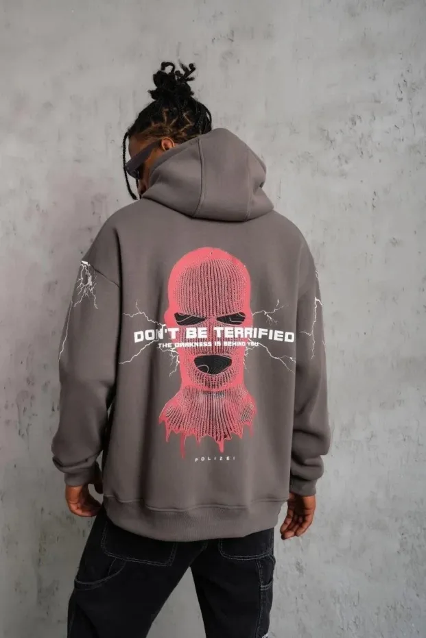 Bărbați Gri Oversize 3 Fire Bumbac Glugă Imprimat Sweatshirt 1