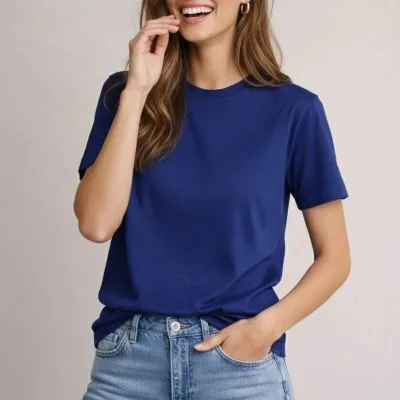 Women's Navy Oversize Bicycle Neck Modal Soft Textured T-Shirt 2