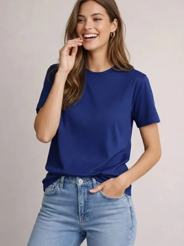 Women's Navy Oversize Bicycle Neck Modal Soft Textured T-Shirt 2