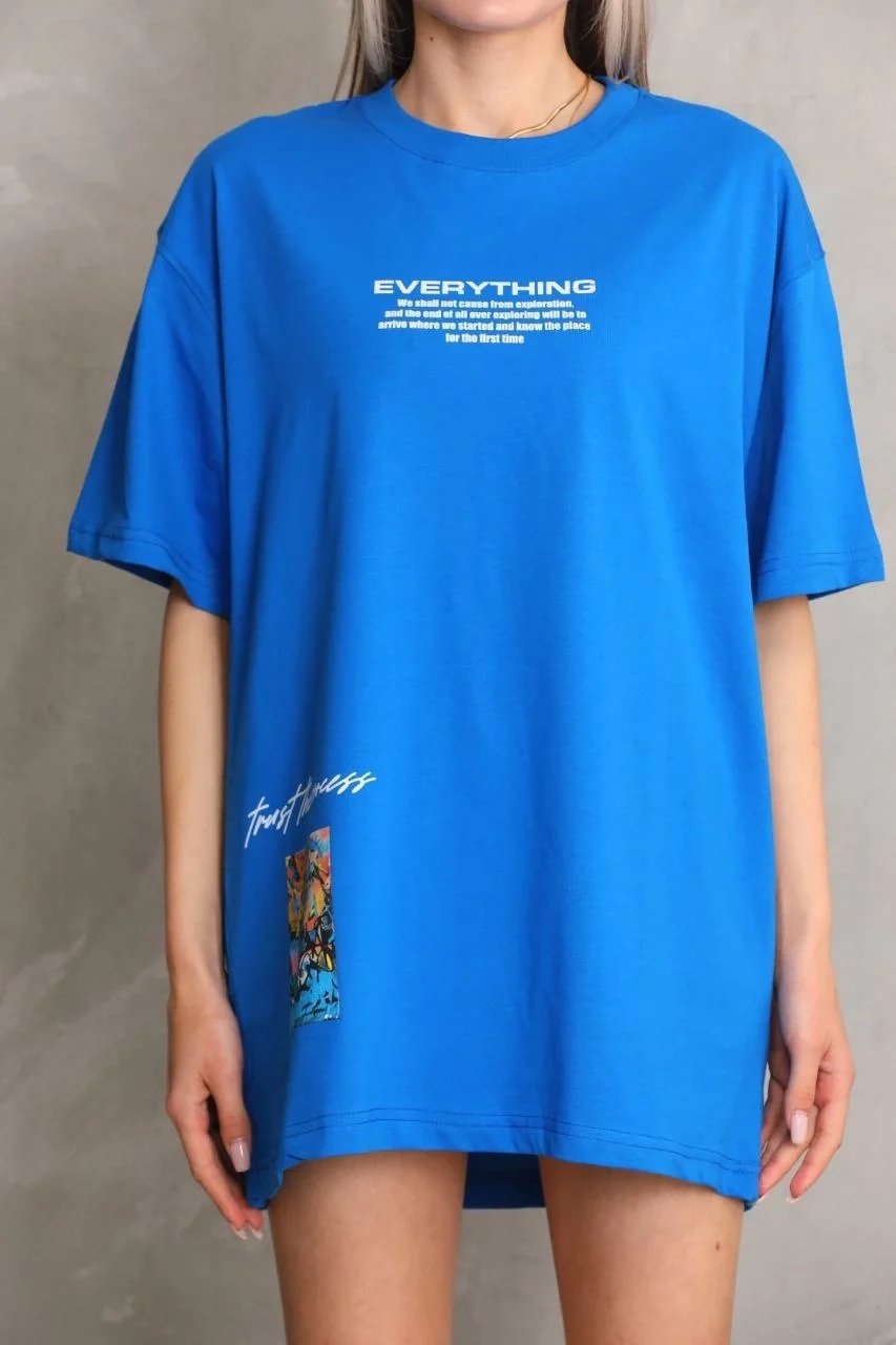 Damski Niebieski Oversize Rowerowy Kołnierz Nadrukowany T-shirt 2