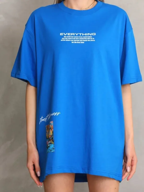 Женски Син Oversize Бициклета Јака Печатена Маица 2