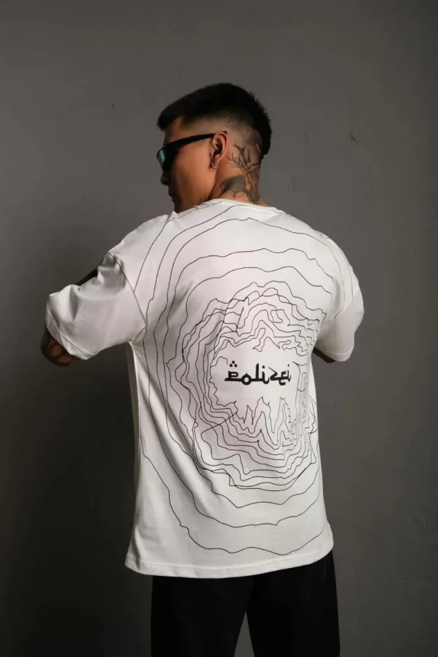 Bărbați Alb Oversize Guler Bicicletă Imprimat Tricou 1