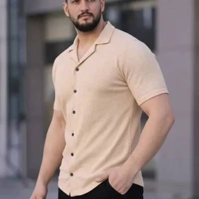 Férfi Bézs Regular Fit Waffle Anyagú Gombos Nyitott Gallérú Ing 2