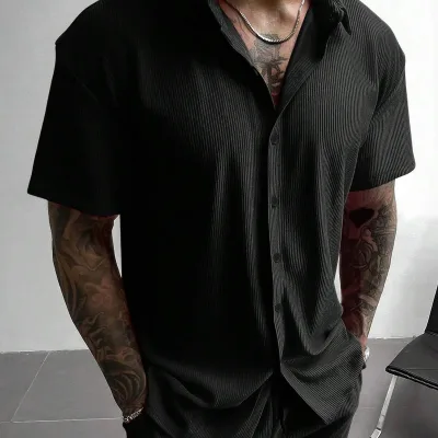 Černá oversize bavlněná krátká žebrovaná pánská košile 4