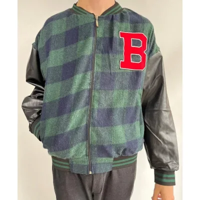 Men's Khaki Gingham Pattern Embroidered College Jacket 1