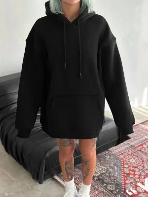 Femea Negru Oversize 3 Firă Bumbac Buzunar Cangur Glugă Sweatshirt