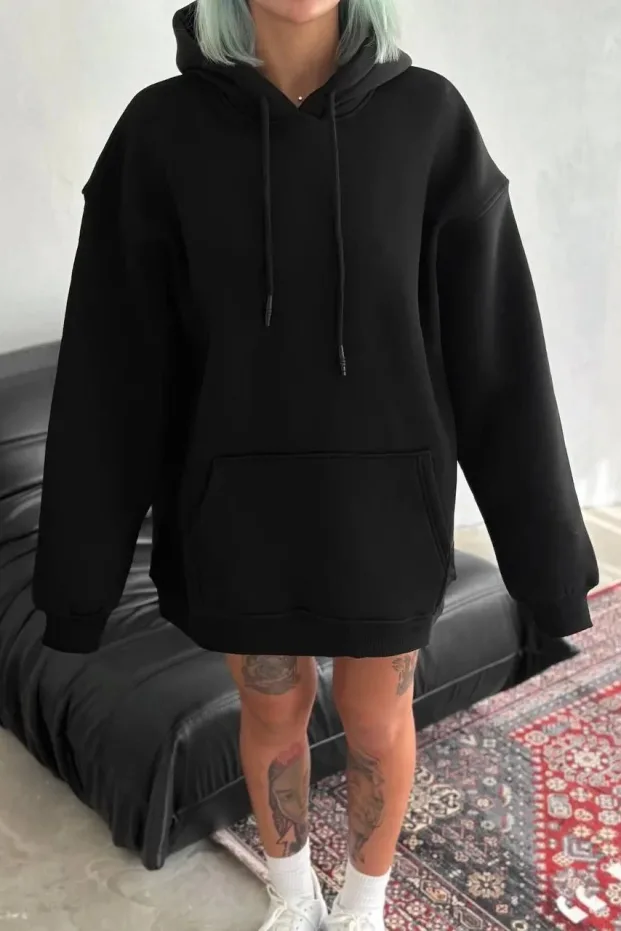 Jina Reş Oversize 3 Têl Pembû Kangurû Cêplî Kapşonlu Sweatshirt 1