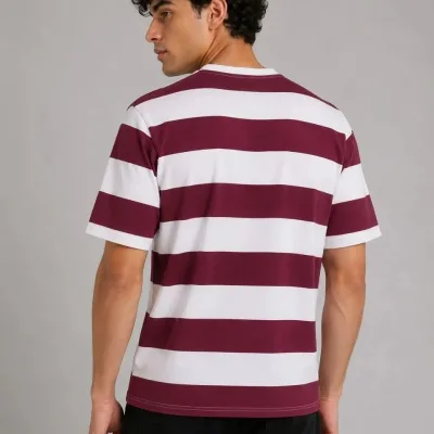 Ανδρικό Μπορντό Oversize Στρογγυλό Λαιμό Ριγέ Κοντό Μανίκι Μπλουζάκι 2